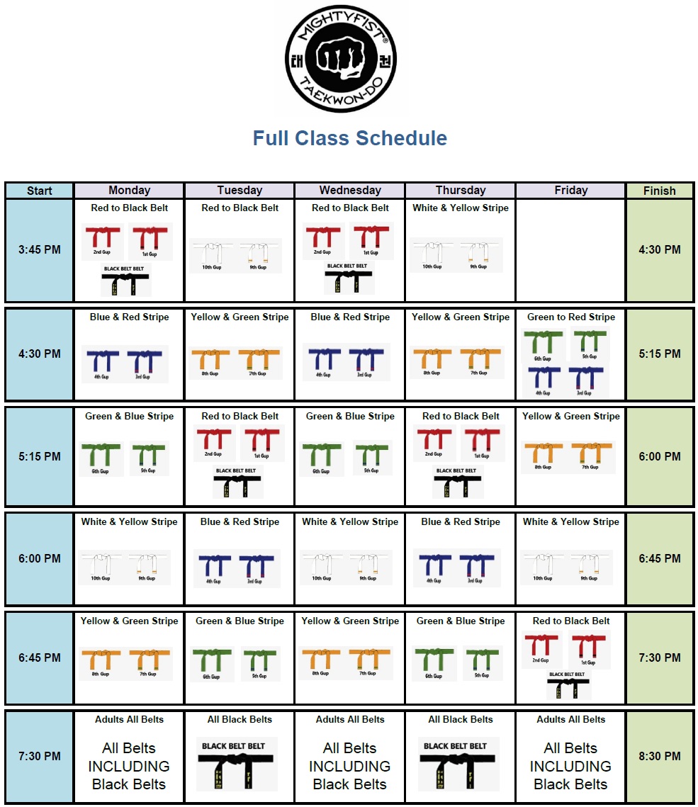 Mightyfist Taekwondo class schedule 2024